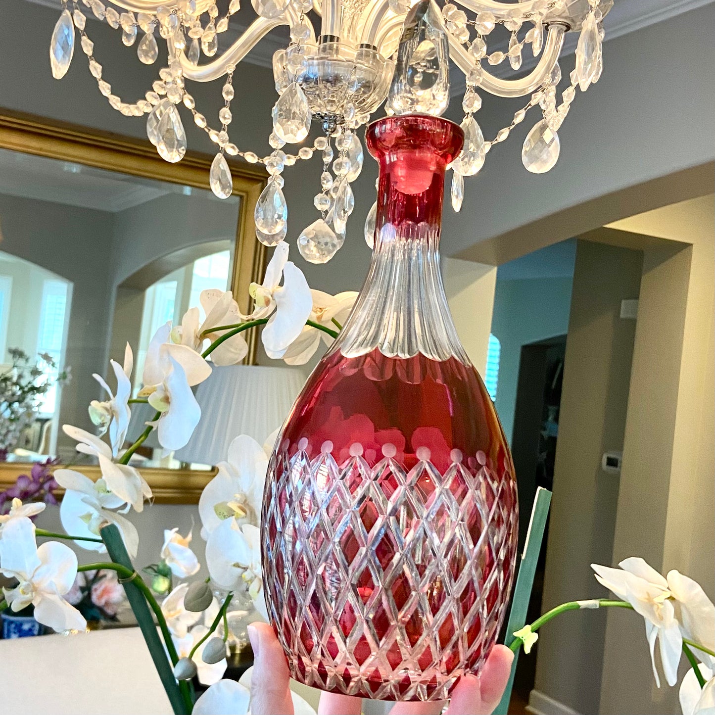 delightful vintage pink red cut crystal decanter