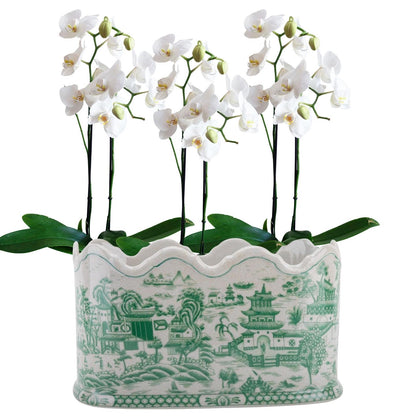 Danny's Fine Porcelain - Green & White Porcelain Pagoda Scalloped Basin, 12x8x7 - Pristine!