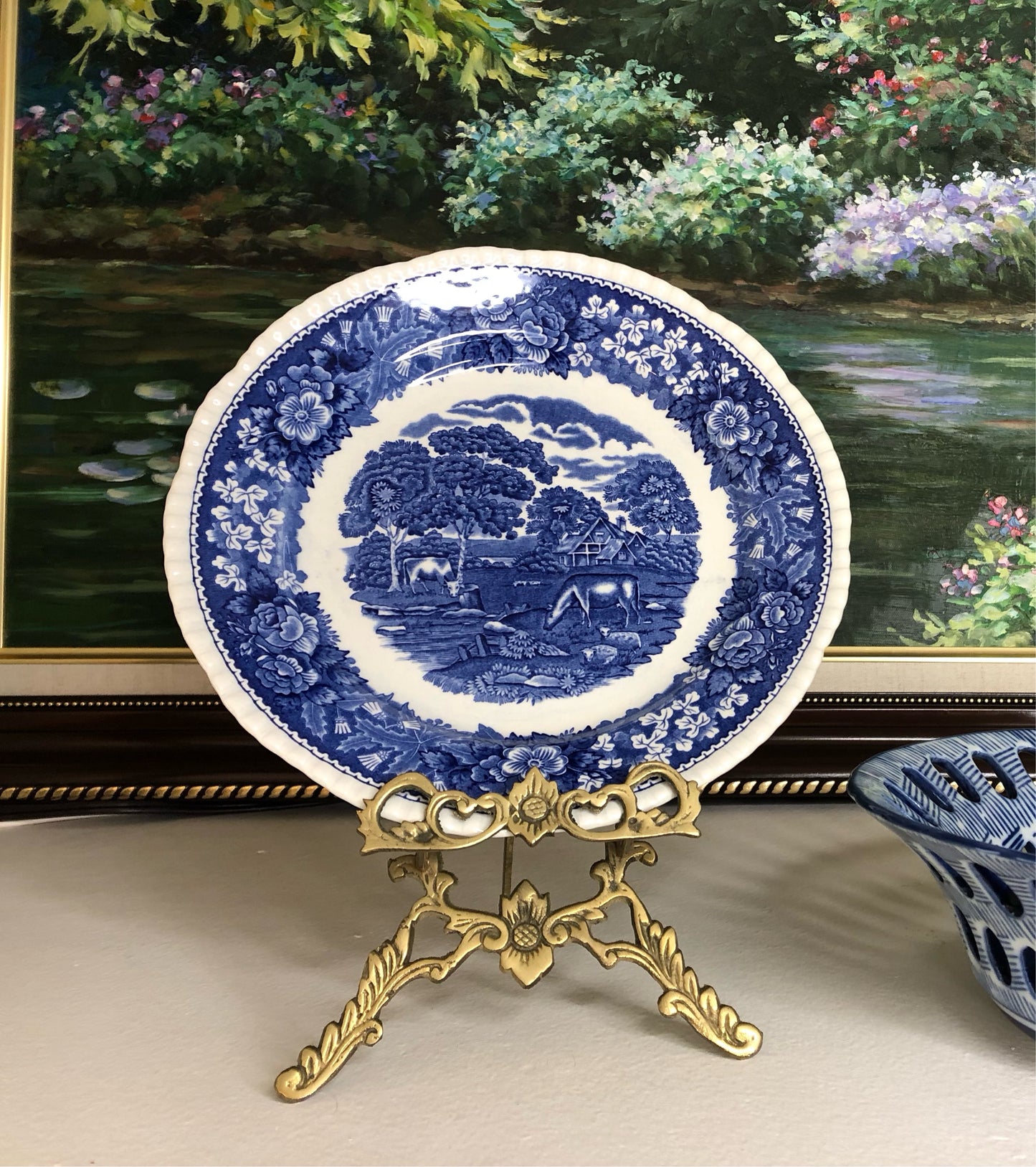 Vintage blue and white Adams English Scenic Pasture Scene plate - Excellent condition!
