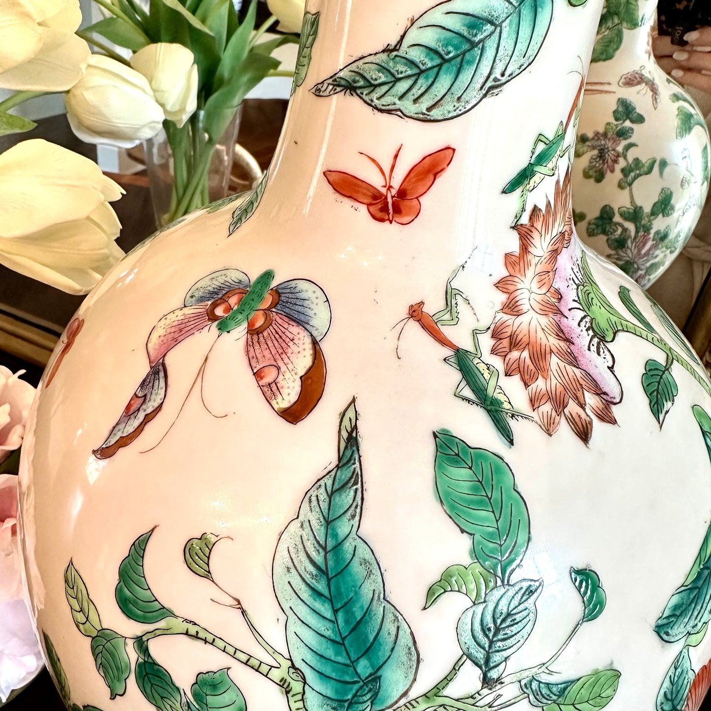 Fabulous Large Pale Pink Chinese Long Neck Vase w Birds on Stand