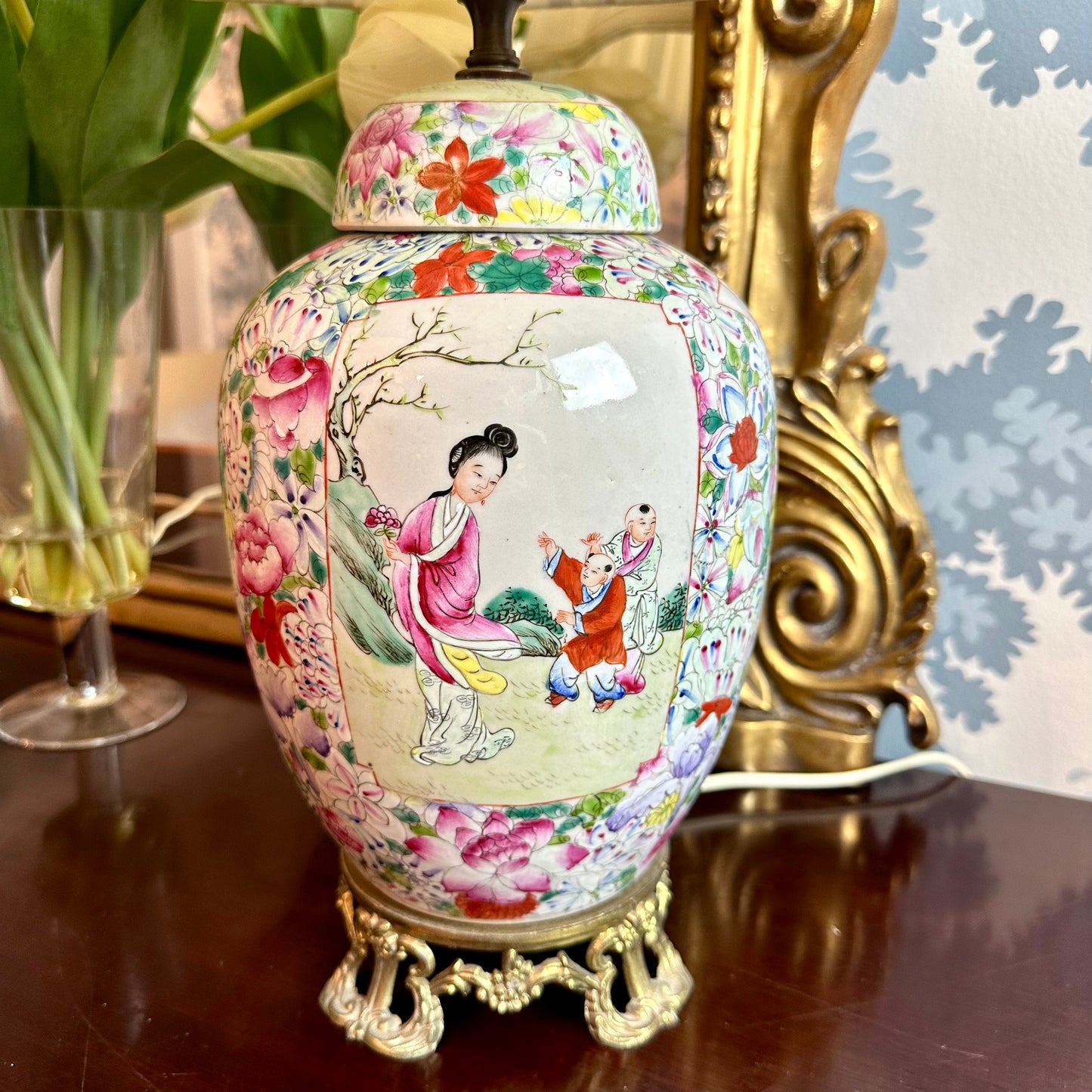 Fabulous Pair of Vintage Chinese Colorful Ginger Jar Lamps