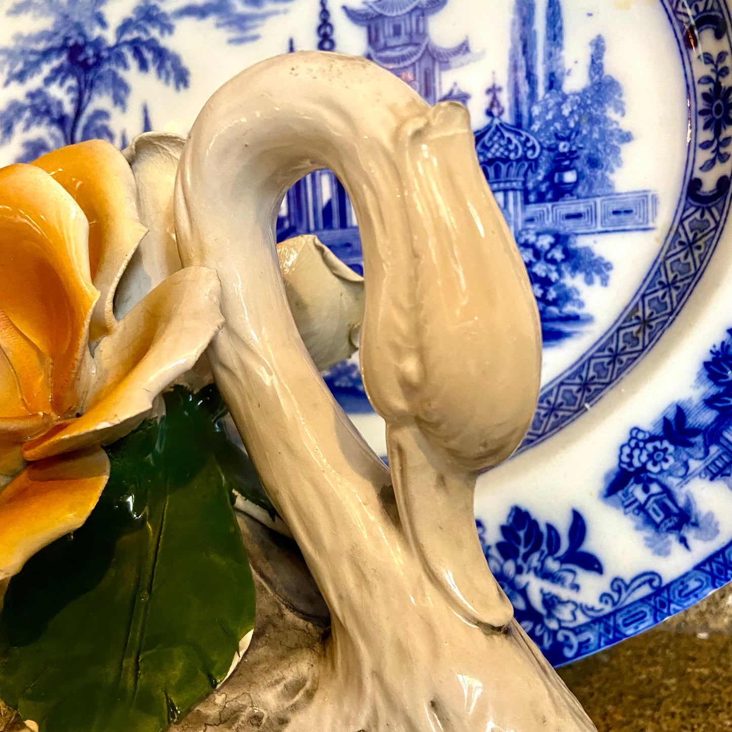 Gorgeous vintage porcelain Capodimonte Swan floral decor centerpiece
