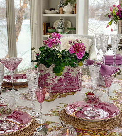 Danny's Fine Porcelain- Pink & White Willow Porcelain Pagoda Scalloped Basin/Planter 12x8x7