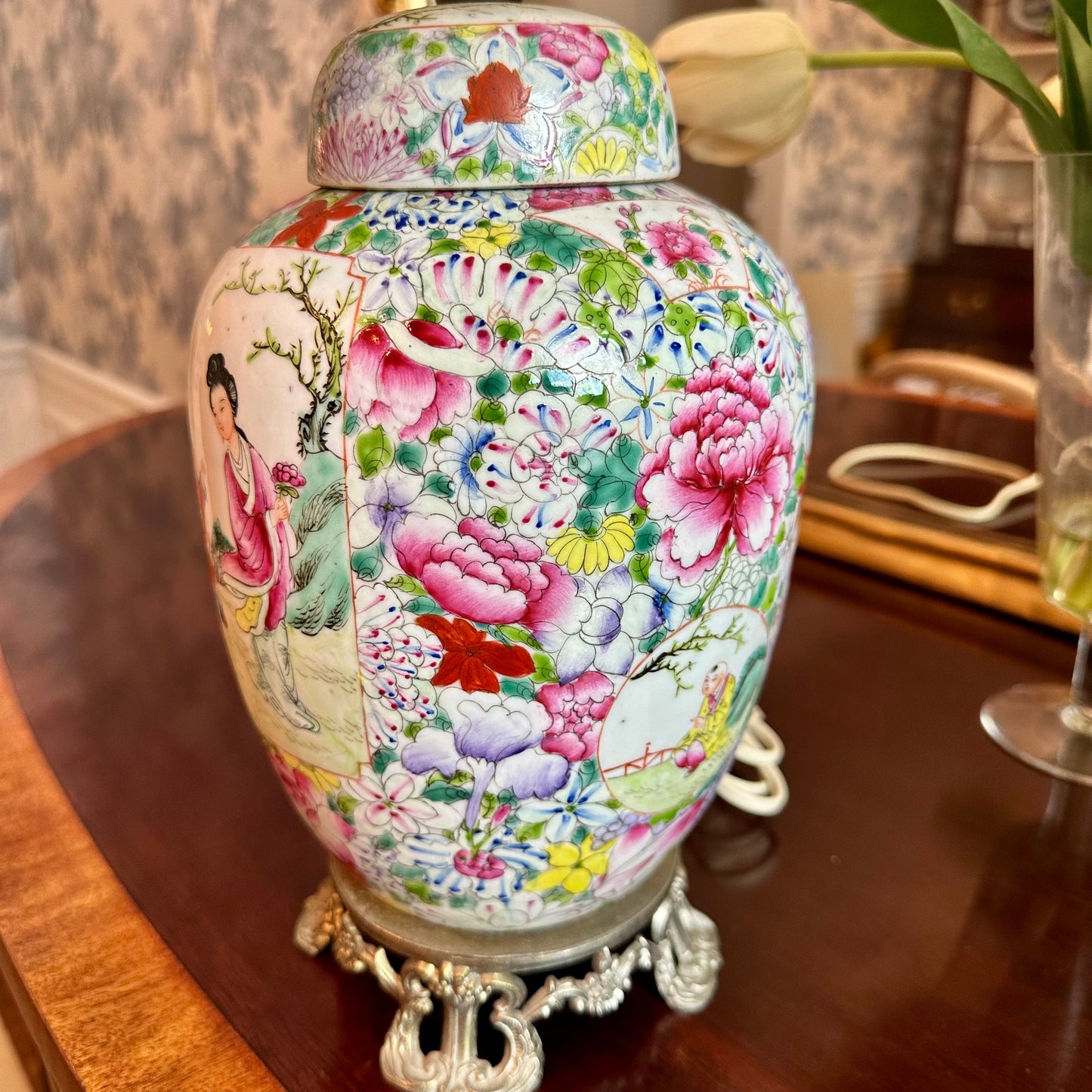 Fabulous Pair of Vintage Chinese Colorful Ginger Jar Lamps