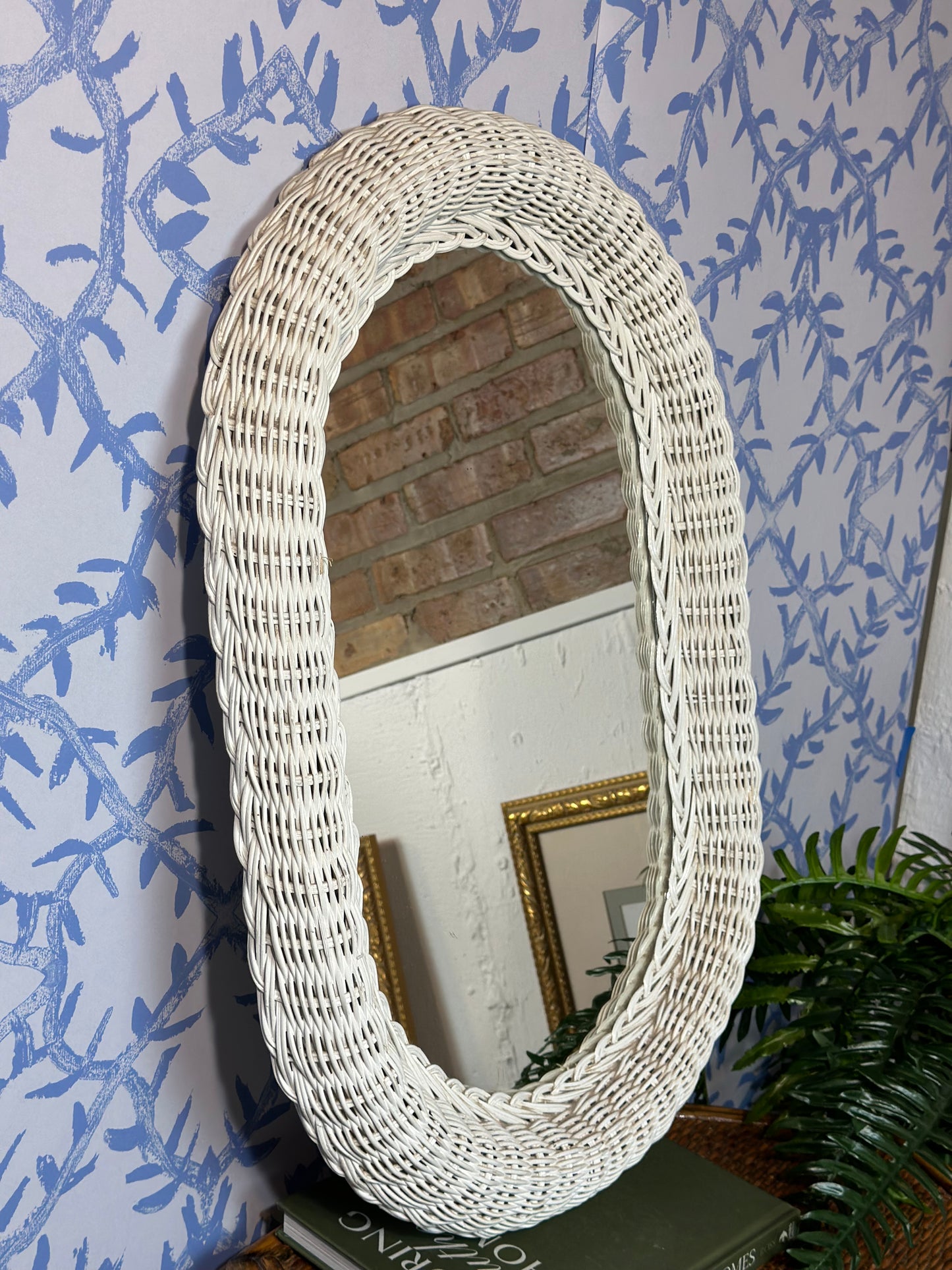 Vintage White Woven Rattan Oval Mirror, 28x19" - Excellent!