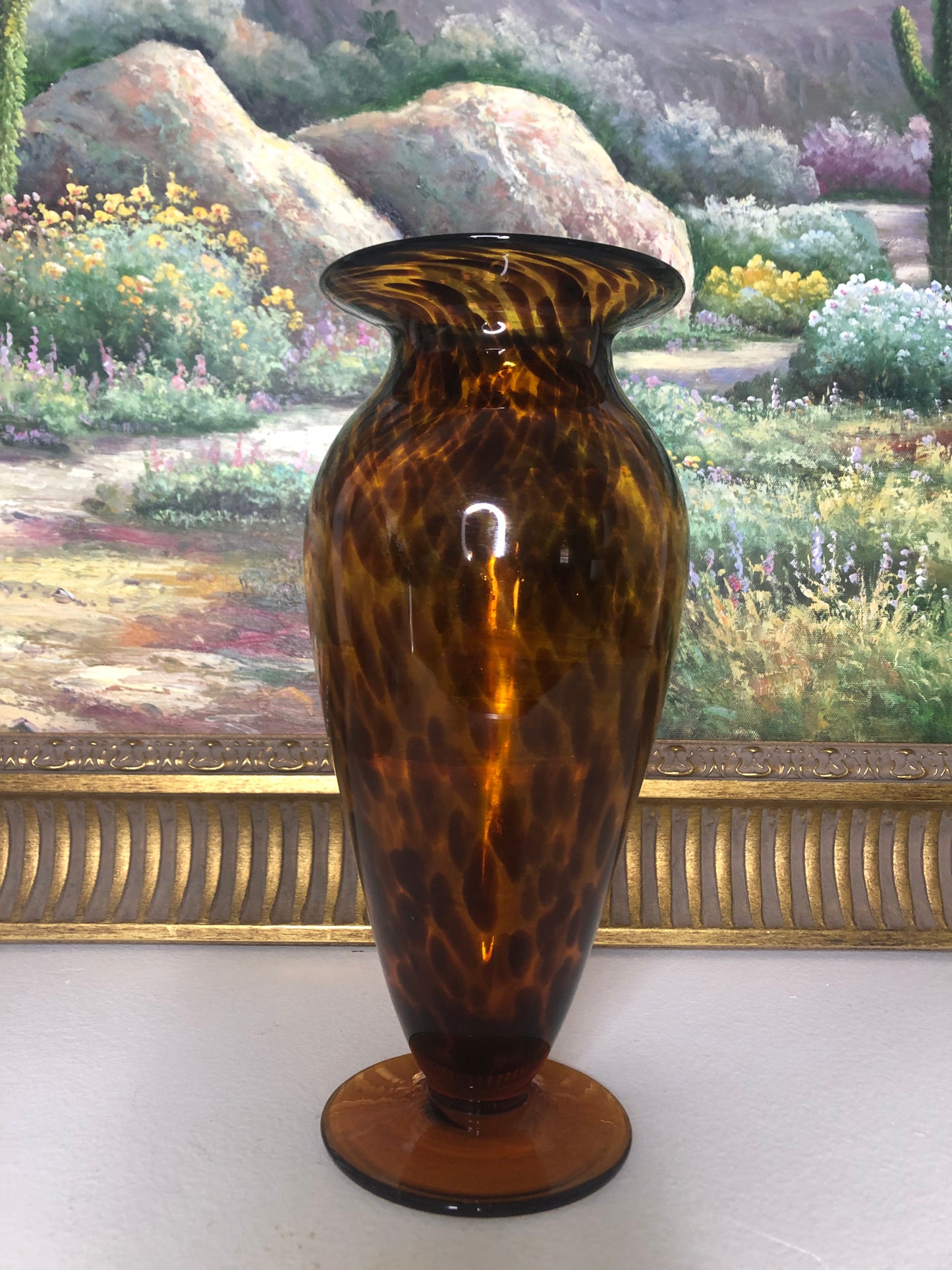 Gorgeous Tortoise Hand Blown Glass 10” tall vase- Excellent condition!