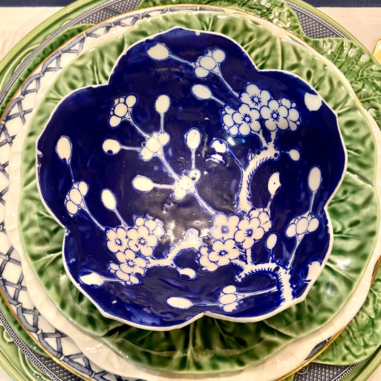Older vintage Beautiful cobalt blue and white porcelain cherry blossom trinket dish