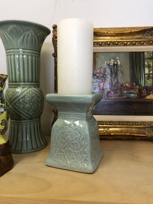 Vintage Celadon Pedestal candleholder- Excellent condition!