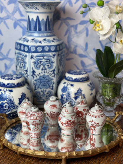 Danny’s Fine Porcelain - (6) Rust & White Porcelain Ginger Jar Ornament Set, 2.5" Tall.
