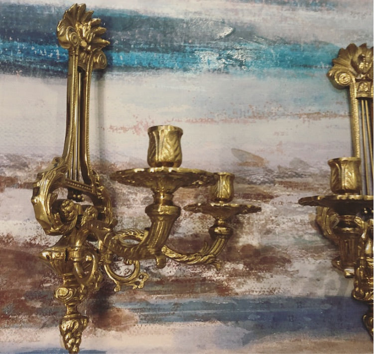Stunning Vintage Ornate Brass 16” Wall Sconces- Excellent Condition!