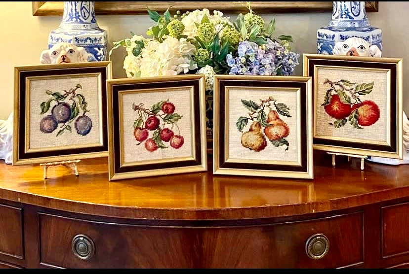 Set of four vintage fruit botanical needlepoint wall art