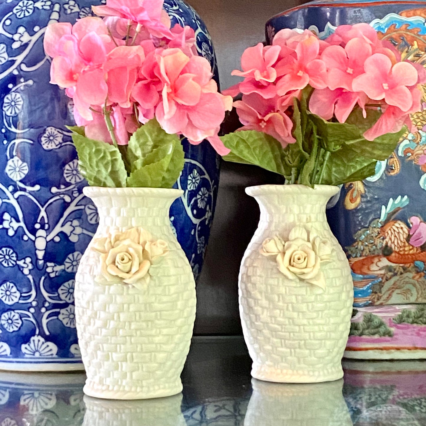 Pair of precious vintage lattice botanical  vases