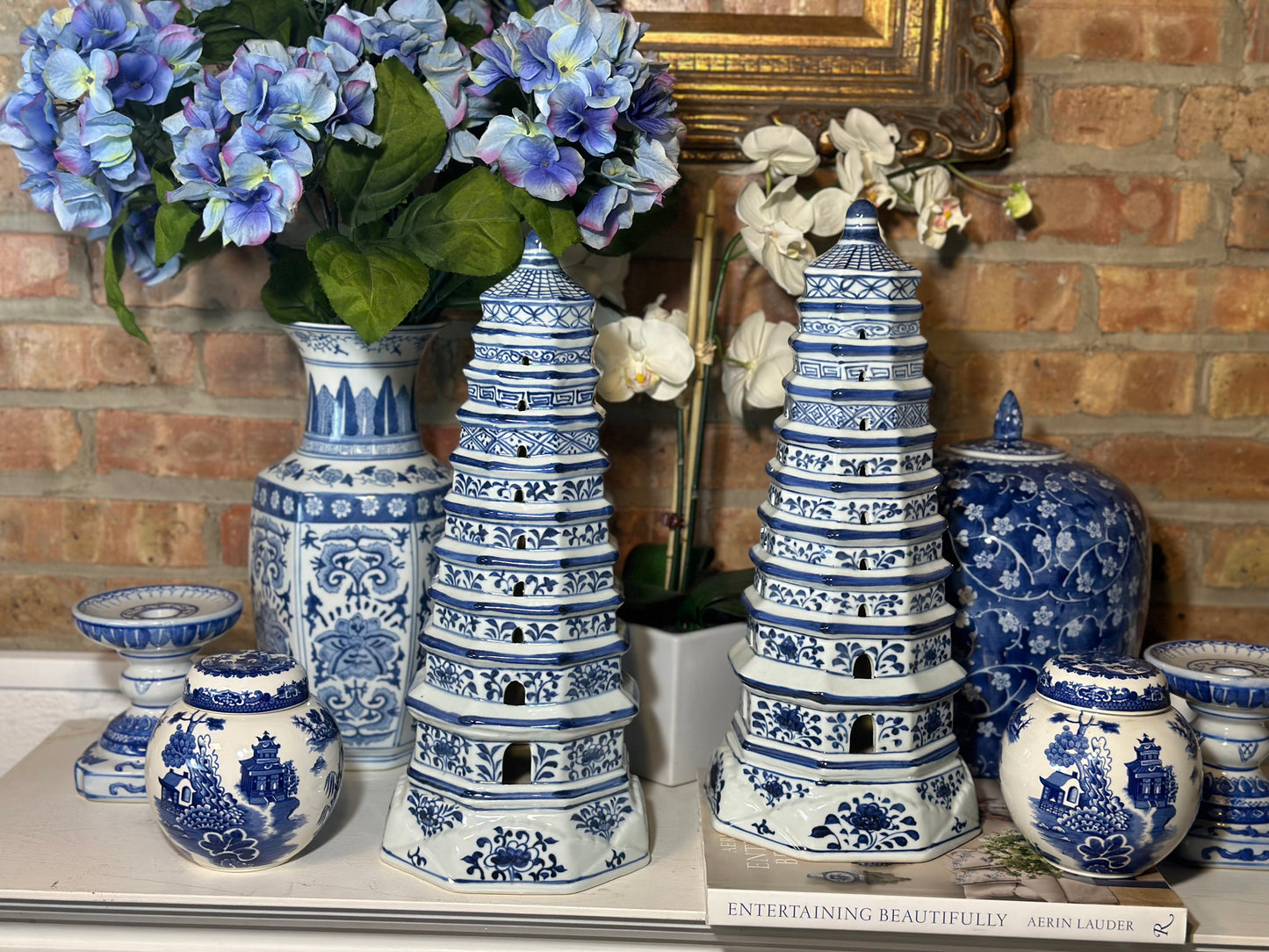 NEW - Blue & White, 17" Tall Floral Porcelain Pagoda