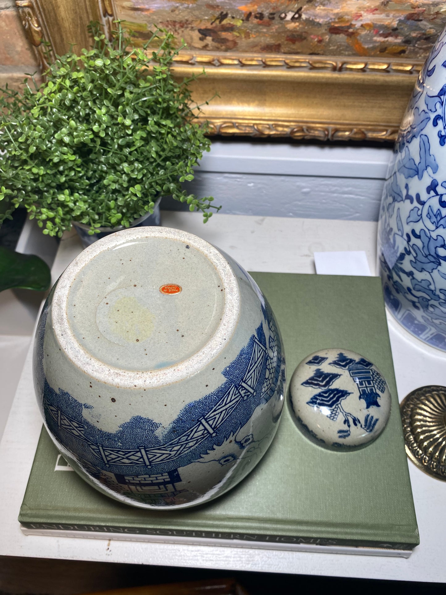 Vintage Japan Willow Ginger Jar, 8.5" Tall Gray/Blue - Pristine!