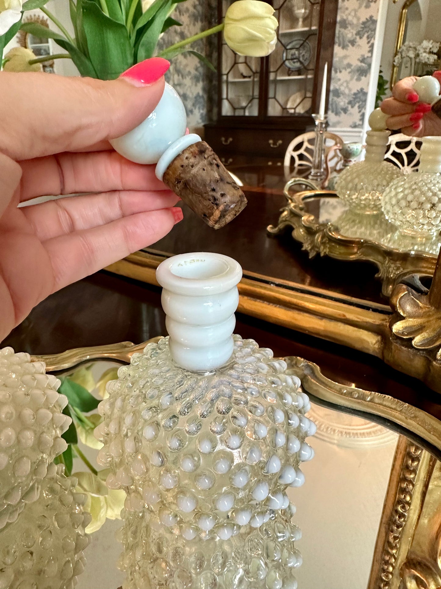 Pair of Vintage Hobnail Glass Perfumes w Stoppers