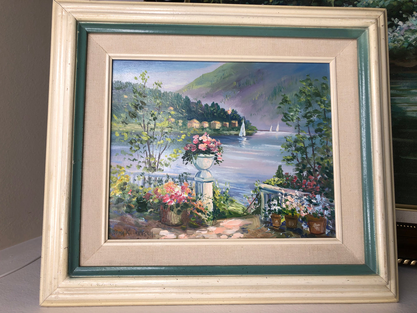 Gorgeous Original Oil on Board Painting of lakeside terrace with flowers signed by artist - Excellent condition!