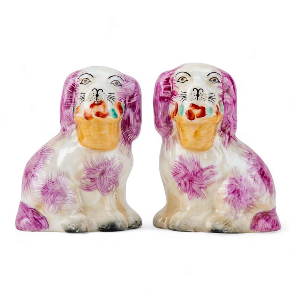 Danny’s Fine Porcelain: Mini Pink Spaniel Basket Dog Pair | 5.5Lx2Wx4H