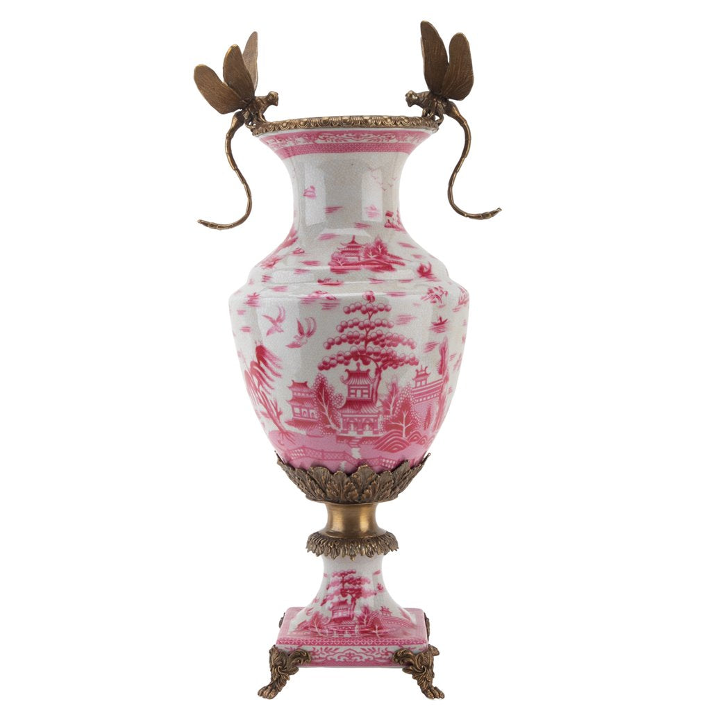 Danny's Fine Porcelain: 19" Tall Pink & White Porcelain Bronze Pedestal Urn W/ Dragonfly handles (single price) (Copy)
