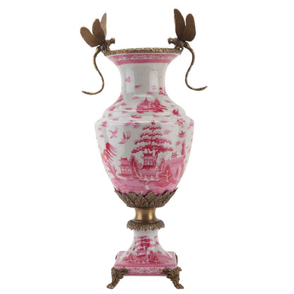 Danny's Fine Porcelain: 19" Tall Pink & White Porcelain Bronze Pedestal Urn W/ Dragonfly handles (single price) (Copy)