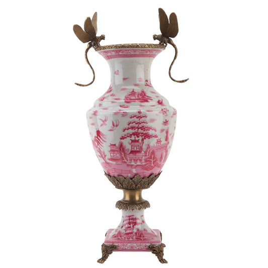 Danny's Fine Porcelain: 19" Tall Pink & White Porcelain Bronze Pedestal Urn W/ Dragonfly handles (single price) (Copy)
