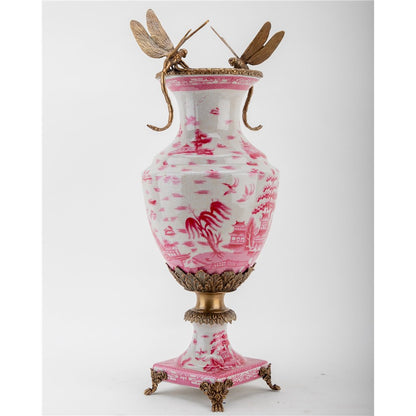 Danny's Fine Porcelain: 19" Tall Pink & White Porcelain Bronze Pedestal Urn W/ Dragonfly handles (single price) (Copy)