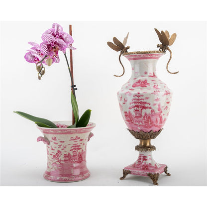 Danny's Fine Porcelain: 19" Tall Pink & White Porcelain Bronze Pedestal Urn W/ Dragonfly handles (single price) (Copy)