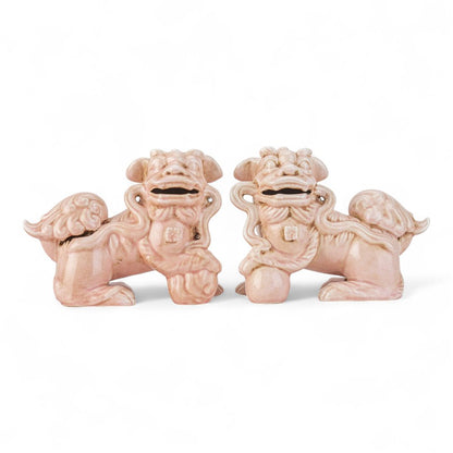 Danny's Fine Porcelain: Pink Glazed Porcelain Foo Dog Lions | Pair | 17” Long