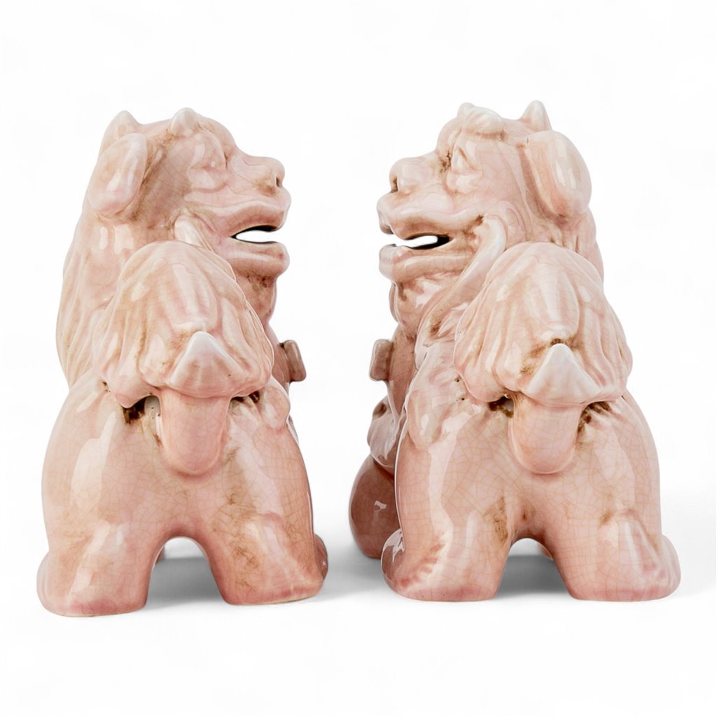 Danny's Fine Porcelain: Pink Glazed Porcelain Foo Dog Lions | Pair | 17” Long