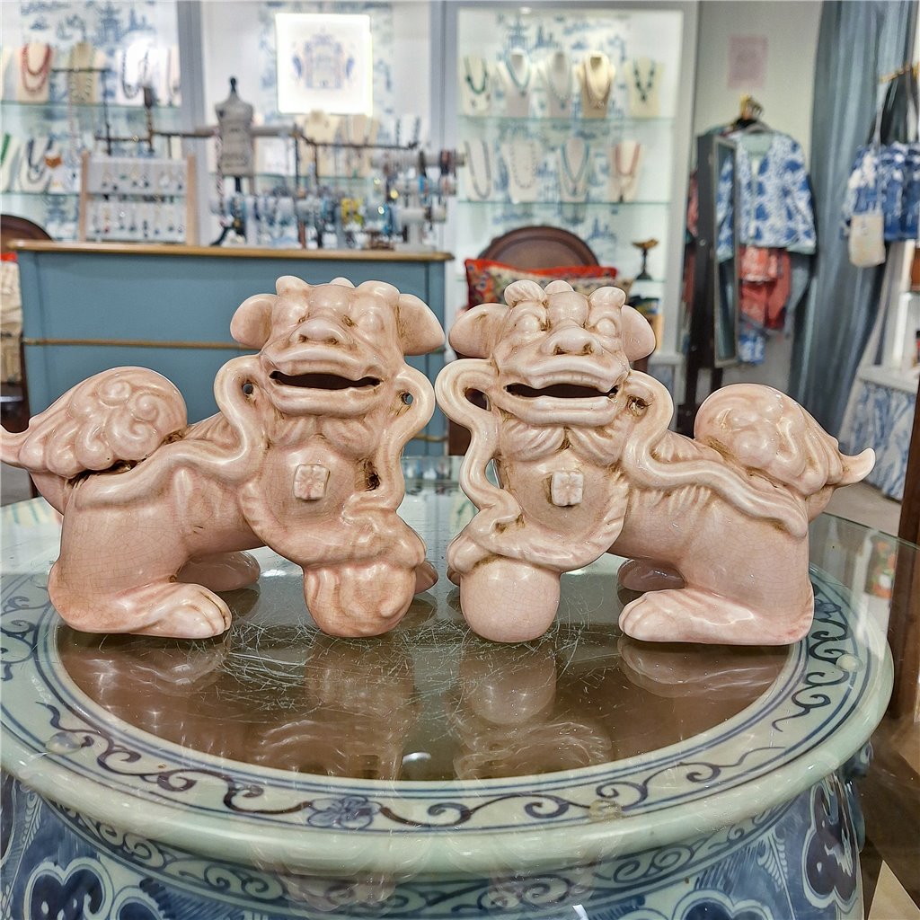 Danny's Fine Porcelain: Pink Glazed Porcelain Foo Dog Lions | Pair | 17” Long
