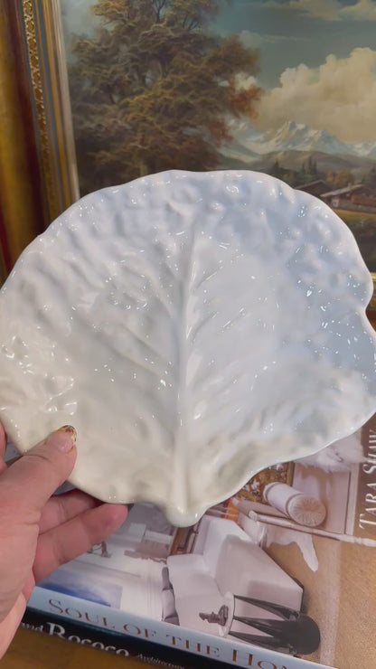 Vintage White Majolica Style Cabbage Leaf Shallow Dish, Made in Portugal, 8"
