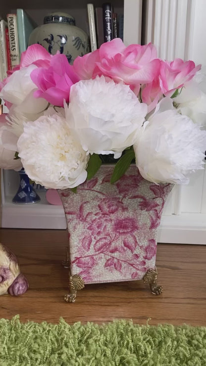 Danny's Fine Porcelain - Pink/White “Prim Rose” Bronze Footed Square Vase Planter - 8.5x6.5"