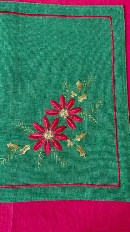 Set (4) Green Placemats with Embroidered Poinsettias