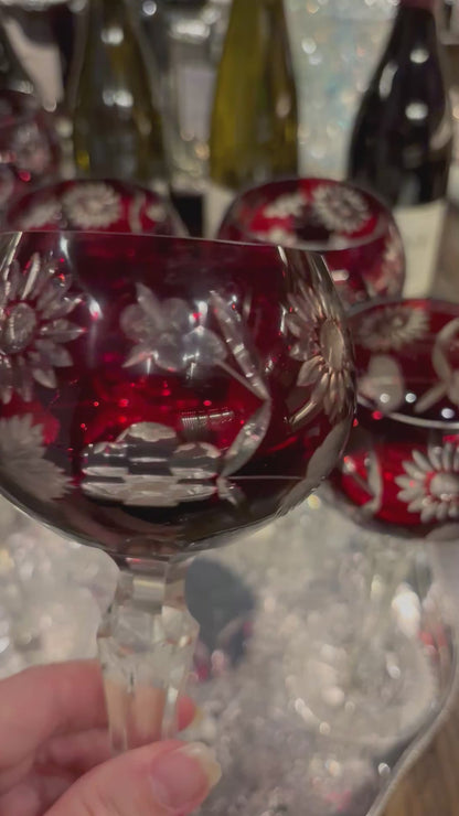 Set (6) Ruby cut to clear hock wine glasses