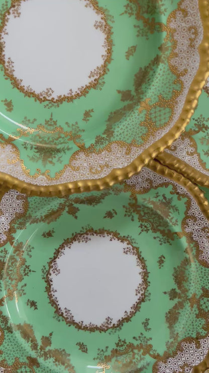 Gorgeous Set Of 6 Copeland Apple Green Raised Gilding Plates 9”