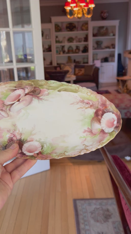 Live:4/16 Antique JPL Limoges finely hand Painted Oval Tray with Pink Shells