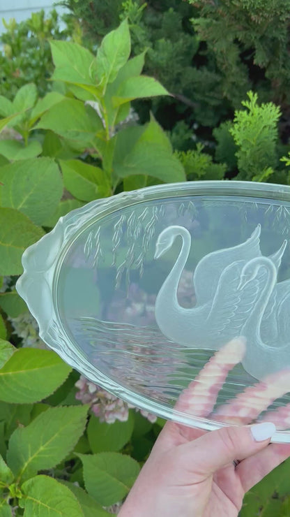 Vintage Etched Glass 14.5” Swan Platter with Double Swan Handles