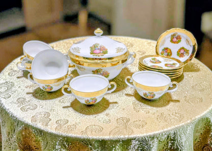 Italy Fine Porcelain Tureen soup set, 22k gold trim