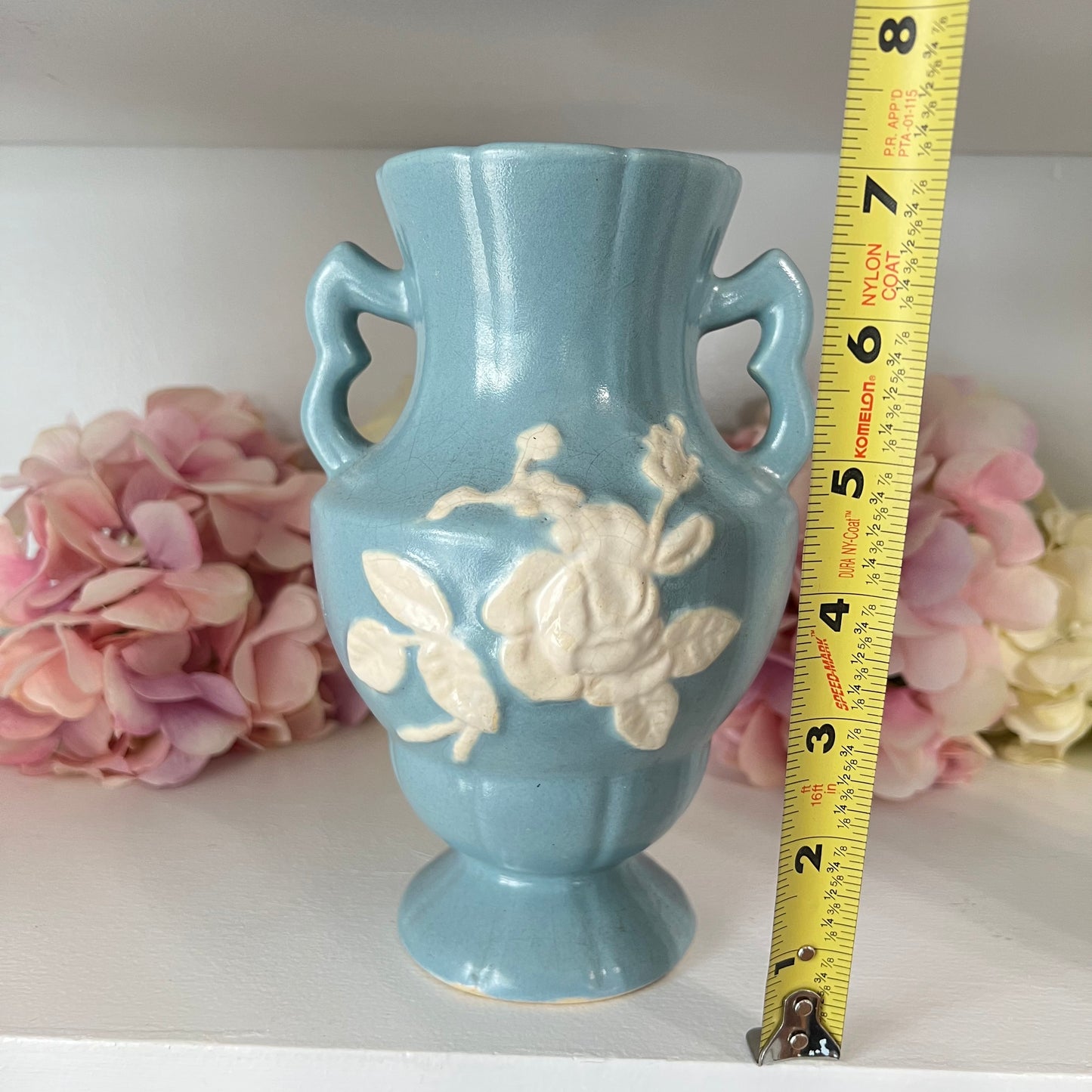 Weller Pottery  Blue Cameo Rose Double Handled Vase