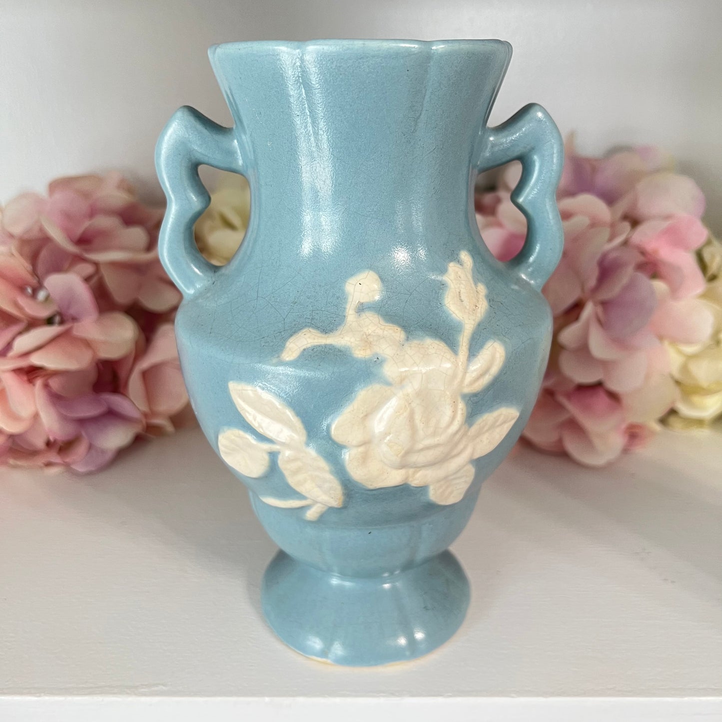 Weller Pottery  Blue Cameo Rose Double Handled Vase