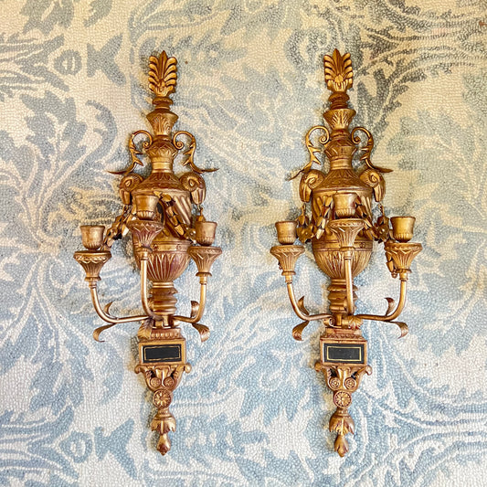 Antique Neoclassical Saltram Gilded Three Arm Candle Wall Carved Wood and Metal Pair of Sconces