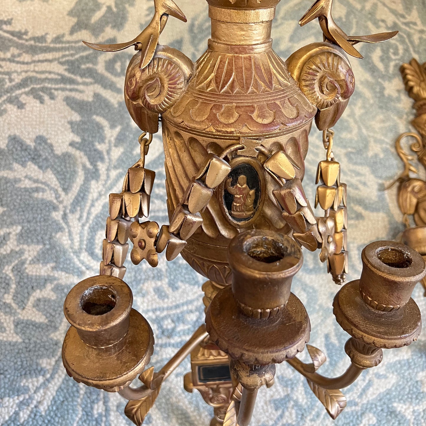 Antique Neoclassical Saltram Gilded Three Arm Candle Wall Carved Wood and Metal Pair of Sconces