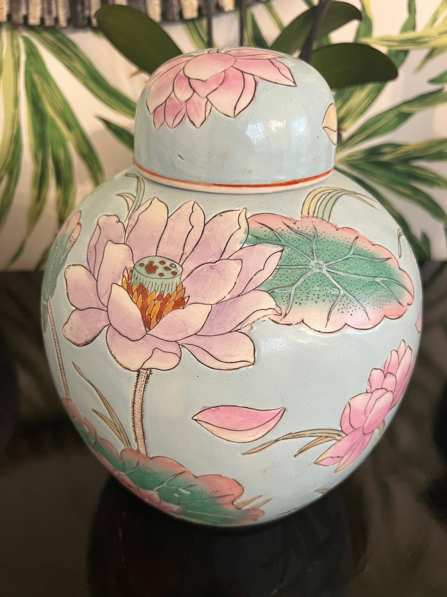 Vintage Blue Lily Pad and Lotus Melon Jar