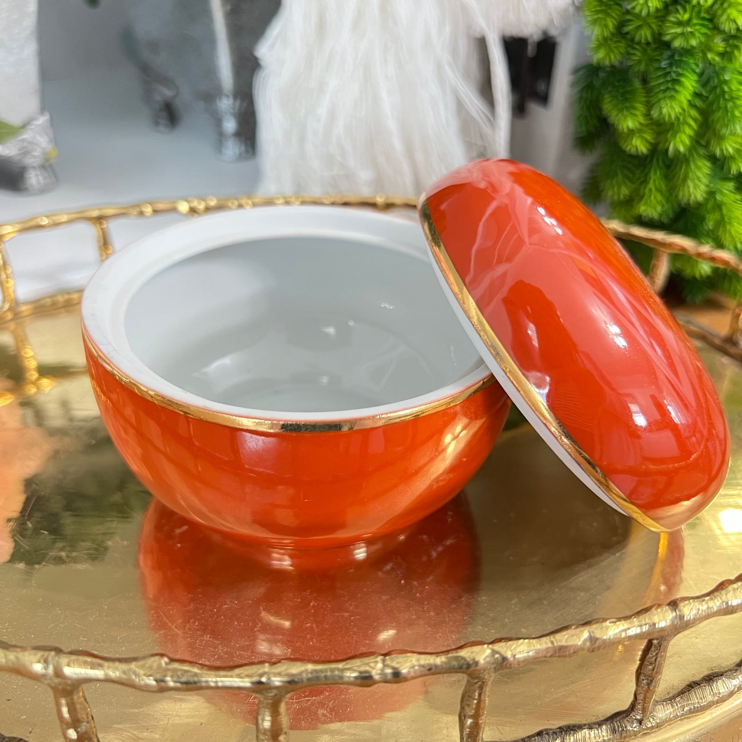 Limoges France Chamart Orange and Gold Porcelain Round Trinket / Jewelry Box
