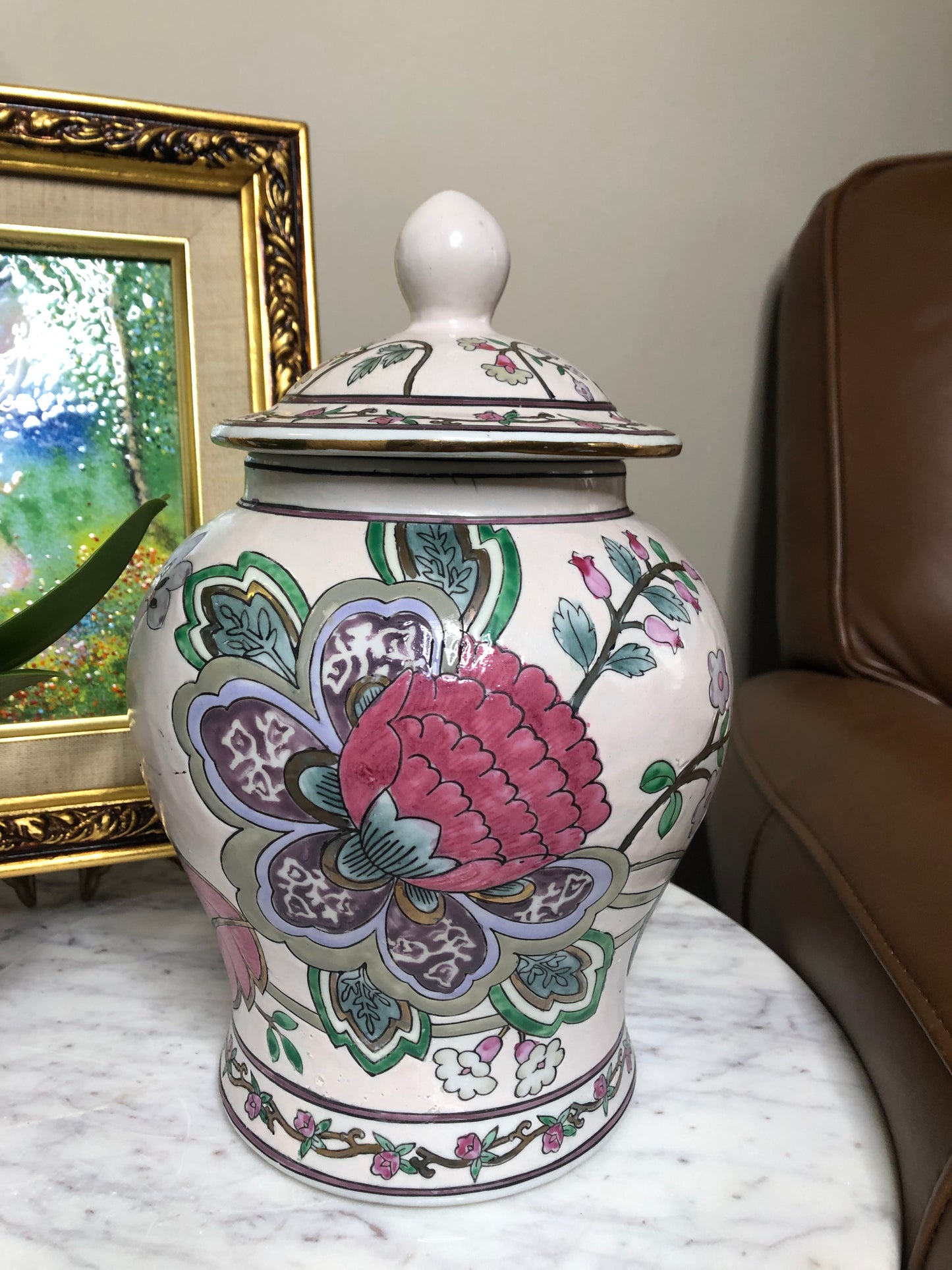 Vintage Tobacco Leaf Chinoiserie GingerJar - Excellent Condition!