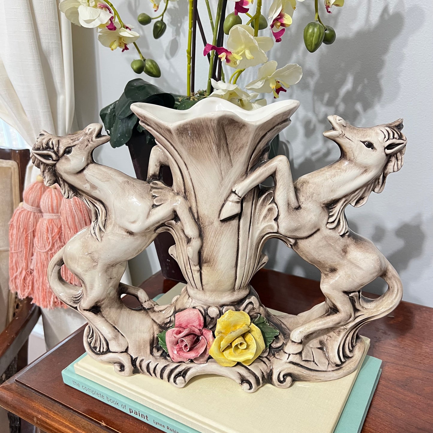 Capodimonte Italian Hand Painted Porcelain Two Horses Floral Vase 10.5"H
