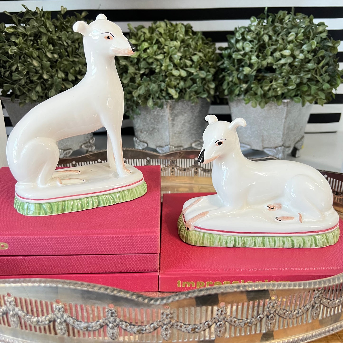 Italian Hand Painted Greyhound Whippets White Porcelain Dogs Bookends (Pair) - Pristine!
