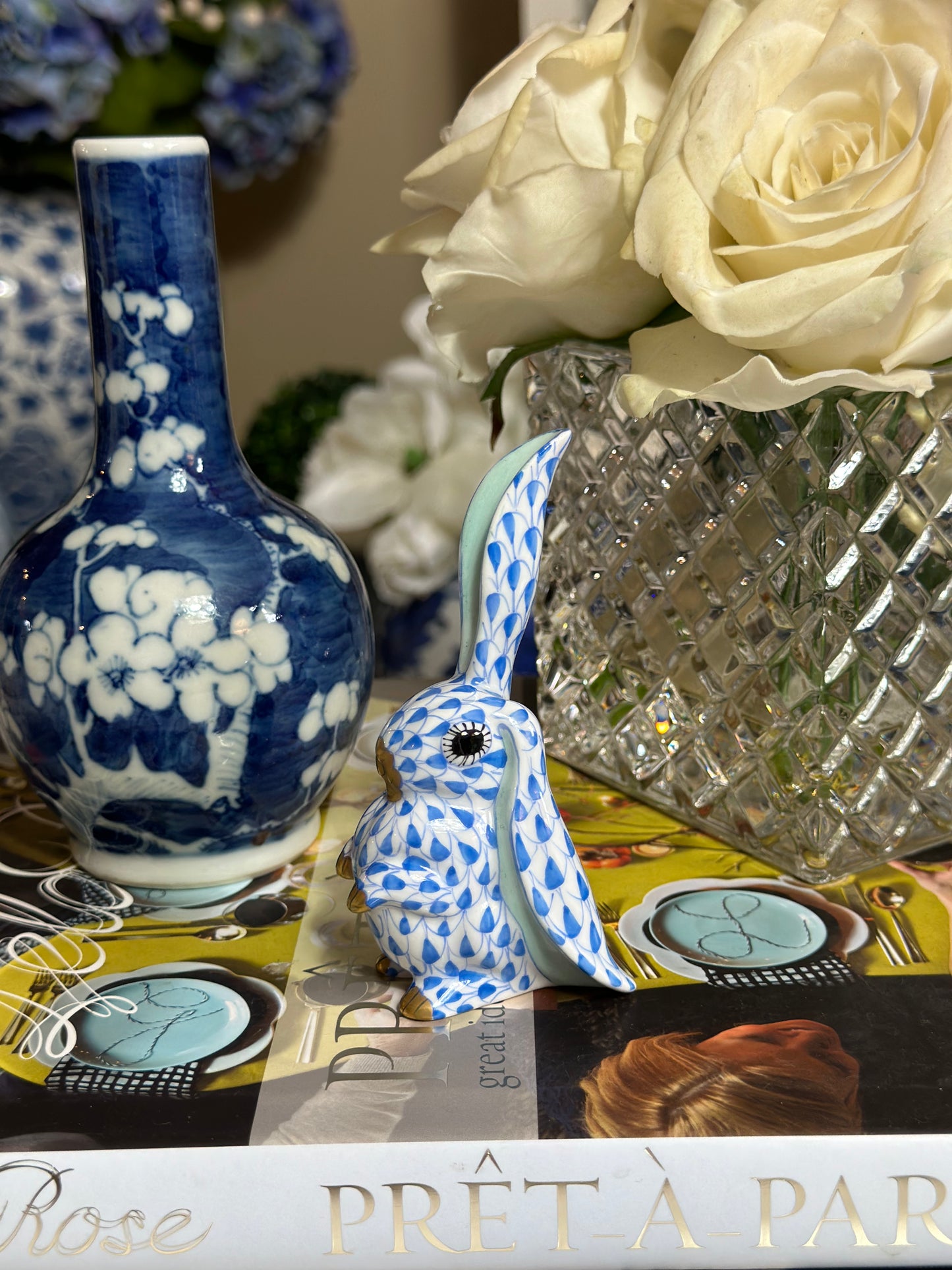 Herend Blue Fishnet Bunny Rabbit, One Ear Up, 4” tall, Retail $340 - Pristine!