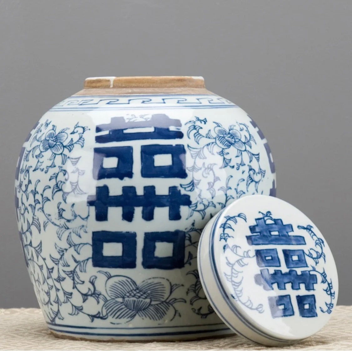 NEW - Blue & White Double Happiness, 10.25” tall Ginger Jar