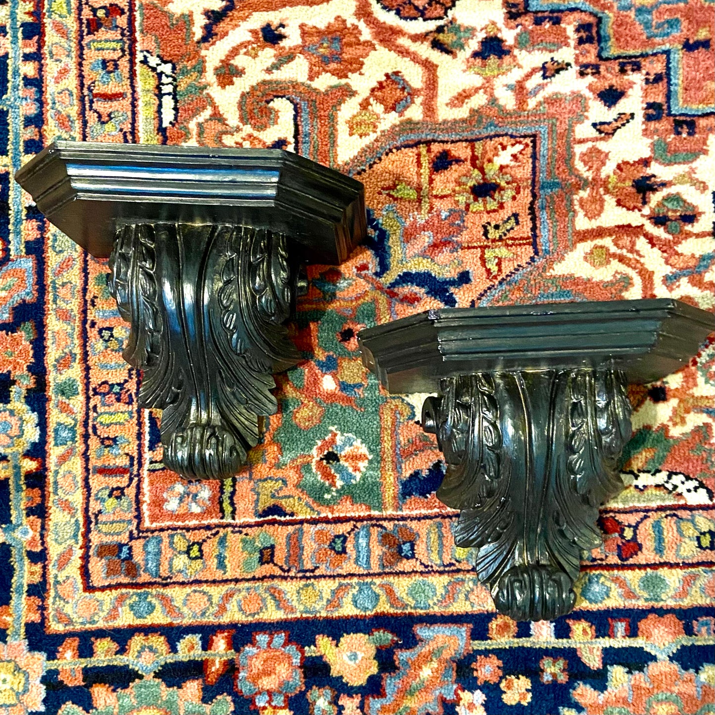 Pair of vintage ebony resin wall sconce pair (2) shelves 11x7” - Pristine!
