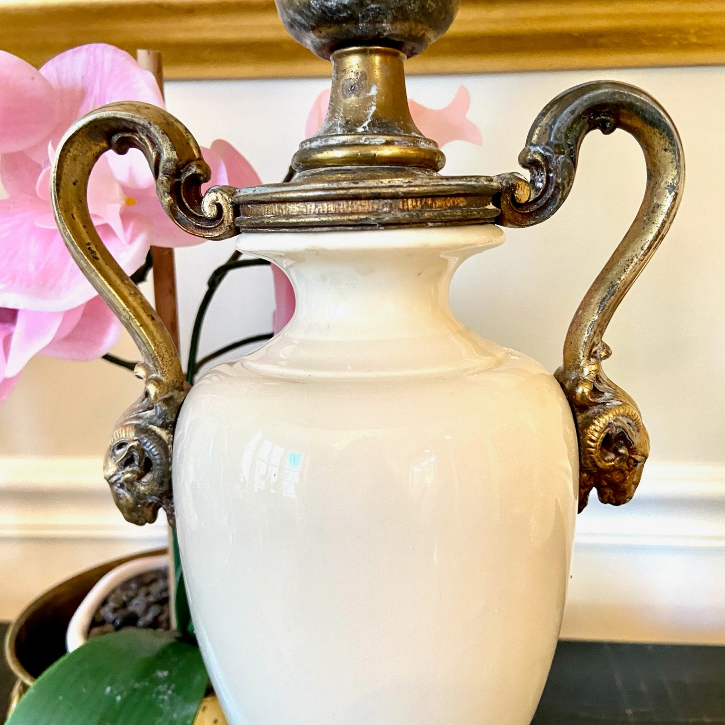 Antique Tourchiere porcelain and brass neoclassical lamp.